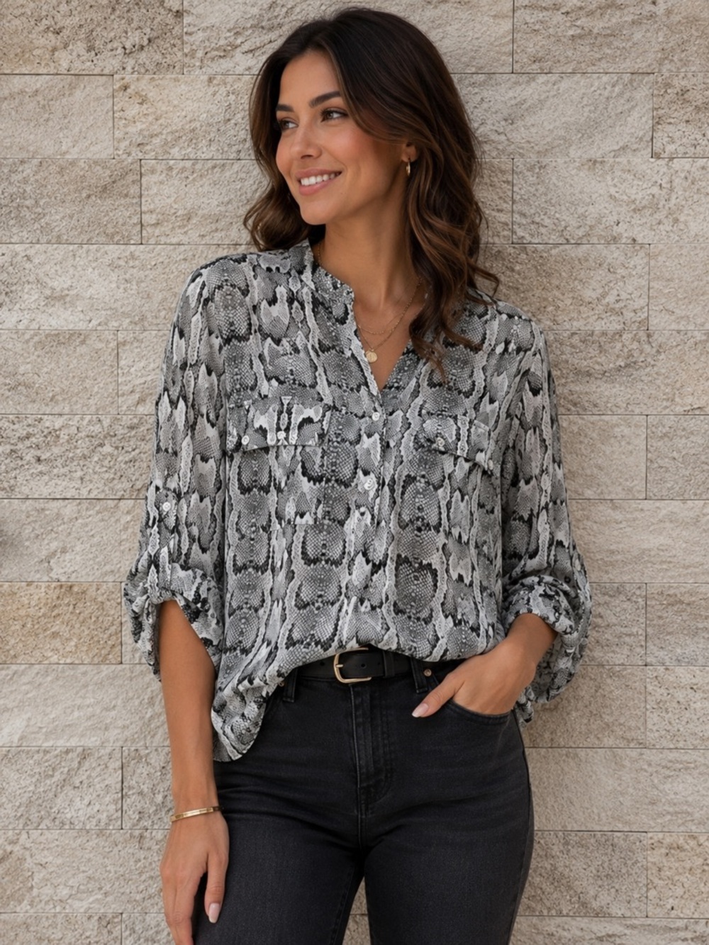Black Tape_ Snakeskin Print Top - Black & White size L